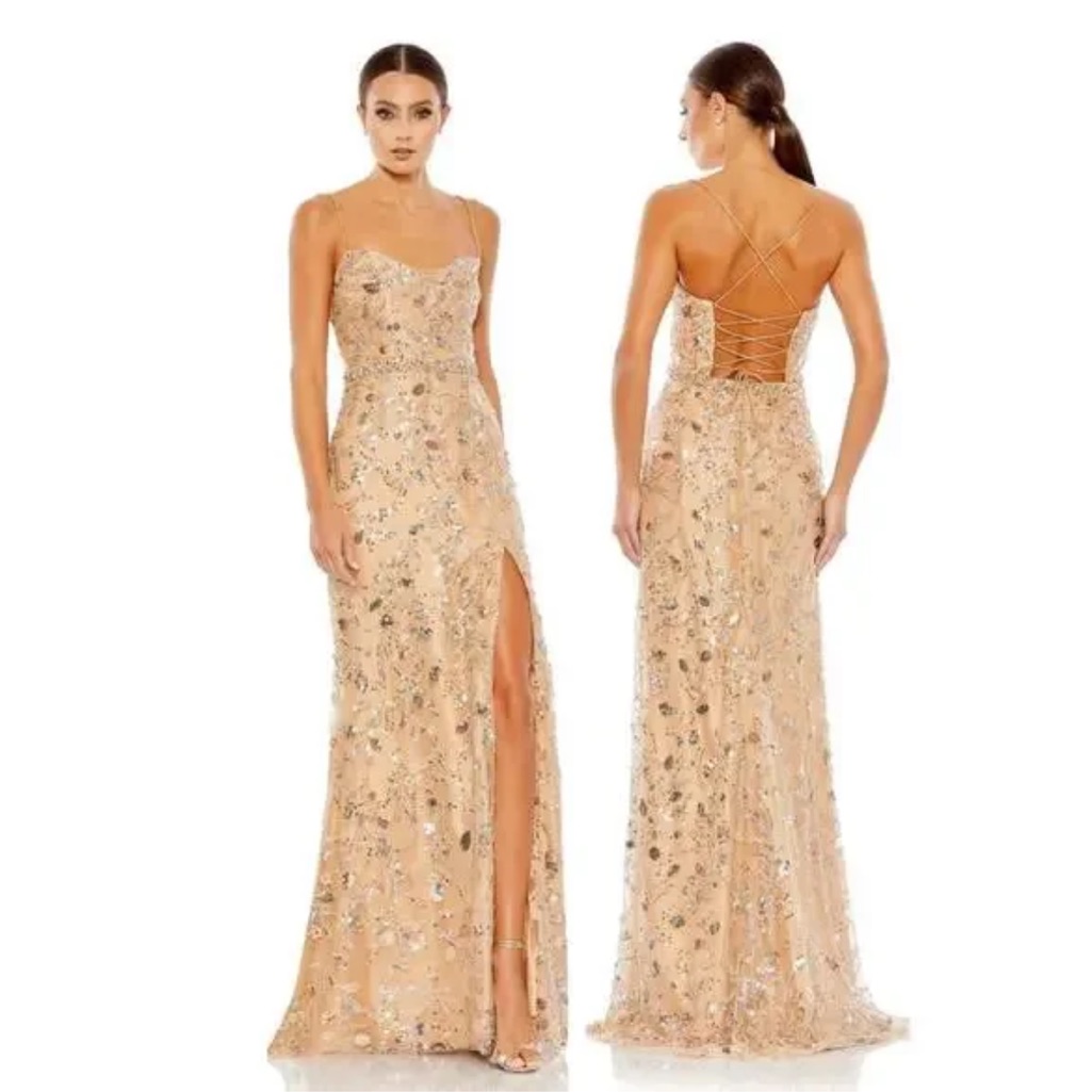 Nwt Mac Duggal 68049 Nude Embellished Lace Up Column Gown Maxi Dress 8 Medium